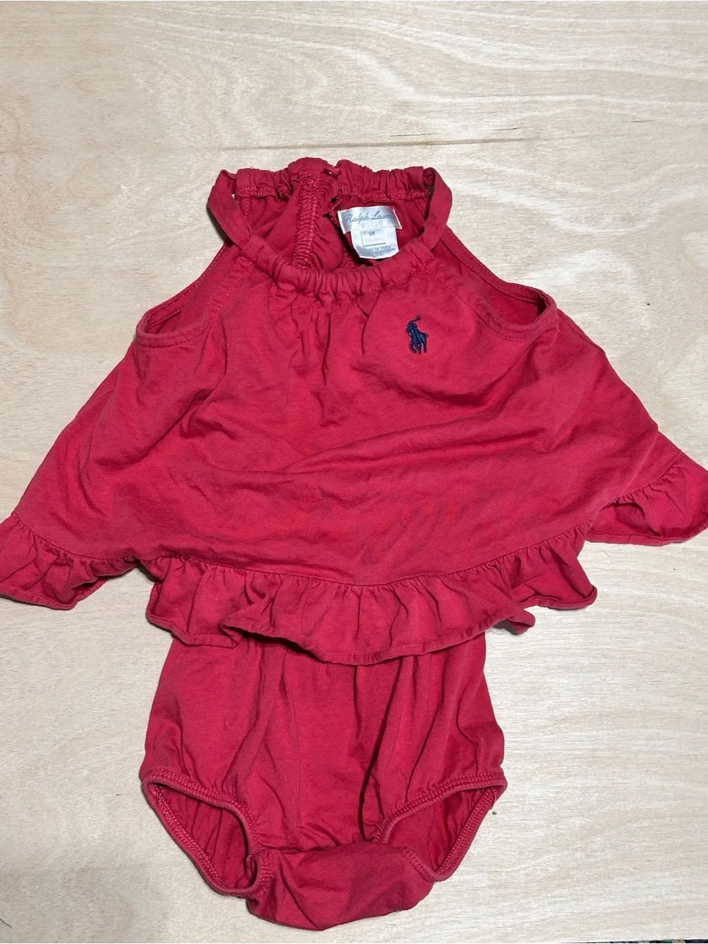 Ralph Lauren Baby Girls Red Ruffled Halter Bodysuit 6 month